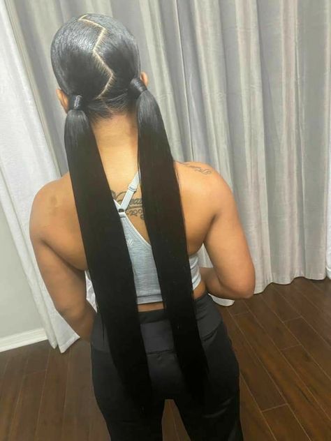 Sleek Pigtails Black Women, Pigtails Weave, Sleek Pigtails, Pigtails Black Women, 2000 Hairstyles, Low Pigtails, Black Hair Bun, Hair Acessories, Braided Hairstyles For Black Women Cornrows