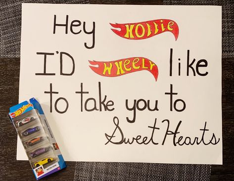 Hot Wheels Dance Proposal, Hot Wheels Promposal Ideas, Hot Wheel Promposal, Hot Wheels Hoco Proposal, Hot Wheels Promposal, Promposal Response, Hot Wheels Poster, Prom Funny, Dance Proposal Ideas