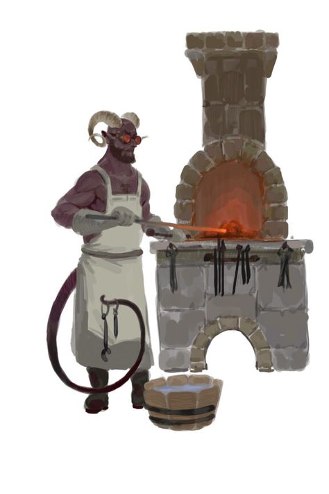 Tiefling Smith, Seth Lange on ArtStation at https://www.artstation.com/artwork/RYON8r Tiefling Blacksmith, Reference Board, Character Reference, Fantasy Inspiration, Fire Hydrant, Home Brewing, Art Tips, Blacksmithing, Larp