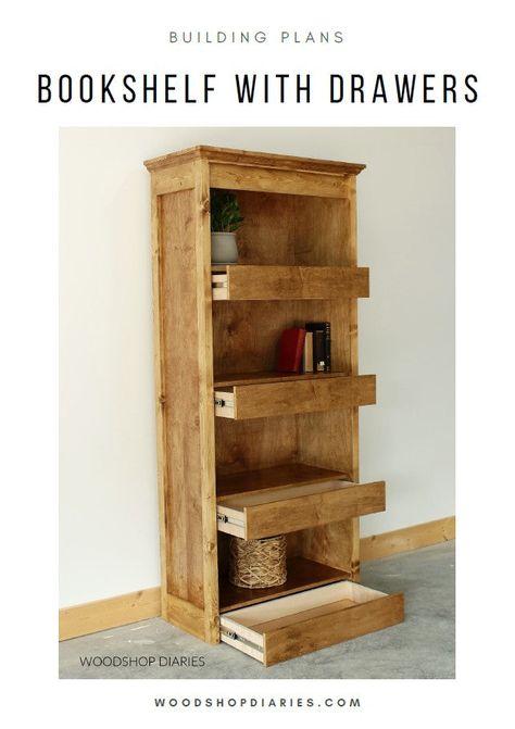 Bookshelf with Hidden Storage Drawers Dresser Console, Secret Compartment Furniture, Diy Bookshelf, Tools List, Bookshelves Diy, Building Plan, Modern Dresser, Farmhouse Furniture, Building Plans