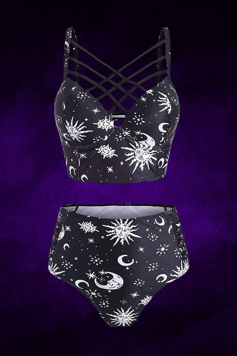 Scar Ideas, High Waisted Tankini, Summer Bathing Suits, Aesthetic Goth, Metal T Shirts, Tankini Swimsuit, Summer Bikinis, Star Moon, Tankini Swimsuits