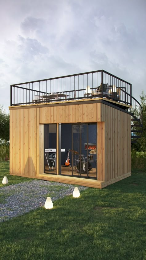 Small Home Studio Ideas, Container Garage Workshop, Office Tiny House, Office Backyard, Home Office Shed, Shed Studio, Viewing Deck, Work Home Office, Outdoor Man Cave