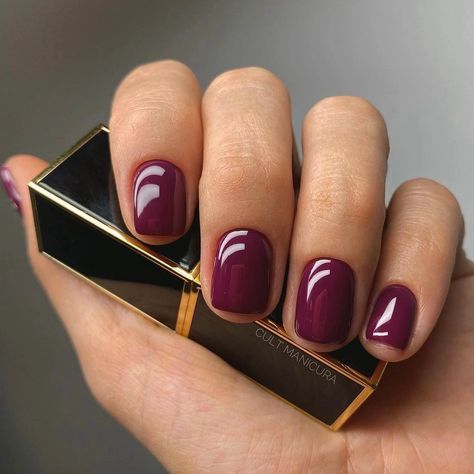 Maroon Gel Manicure, Dark Polish Nail Designs, Short Nails Burgundy, Short Dark Red Nails, Red Purple Nails, Short Burgundy Nails, Merlot Nails, Cranberry Nails, Gelový Lak