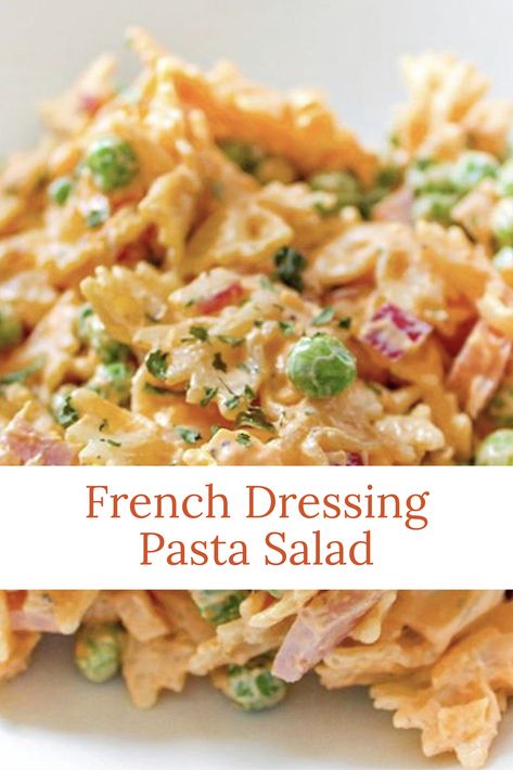 Pasta salad recipes are so important in Summer. The perfect BBQ snack or pool party snack, this pasta salad recipe is made with French dressing and has no mayo. A no mayo pasta salad!! Packed with peas, red onion, ham, a Cheddar cheese, this is a loaded pasta salad you'll want to make for your next party. French Dressing Salad Recipes, Macaroni Salad With French Dressing, Barbecue Pasta Salad, Hug Hess Pasta Salad, French Pasta Dishes, Loaded Pasta Salad Recipe, Potluck Cold Salads, French Onion Dip Pasta Salad, Recipes Using French Dressing