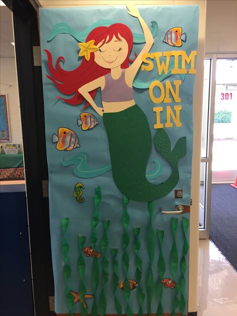 Mermaid Classroom Door, Mermaid Door Decorations, Little Mermaid Classroom Theme, Mermaid Classroom, Beach Classroom, Classroom Bathroom, Birthday Chart, Ocean Classroom, Under The Sea Decorations