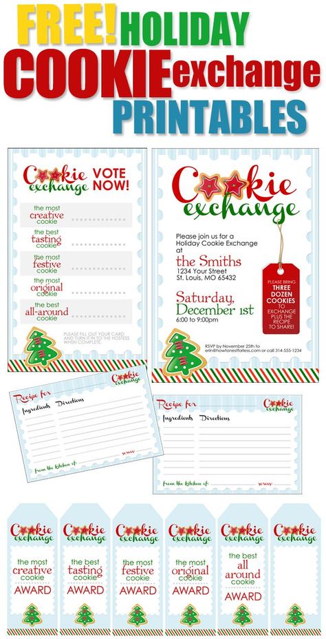 Cookie Exchange Party {free printables}. Invites, recipe cards, voting cards and even reward ribbons!! Holiday Cookie Exchange Party, Cookie Swap Party, Christmas Cookie Swap, Christmas Cookie Party, Cookie Exchange Recipes, Swap Party, Cookie Exchange Party, Holiday Cookie Exchange, Recipe Cards Template