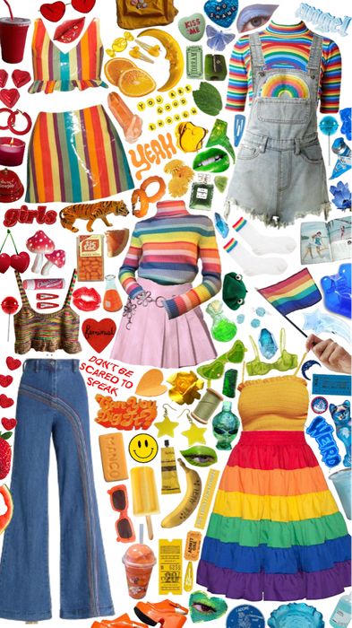 Dhmis Inspired Outfits, Lgbtq Outfits Aesthetic, Kidcore Style Outfits, Cute Rainbow Outfits, Pride Looks Outfit, Pride Inspired Outfits, Rainbow Clothes Aesthetic, Dream Core Outfits, Kidcore Outfit Ideas