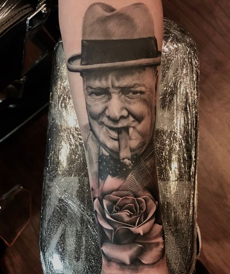 Winston Churchill (healed) and rose by Lou Bragg Winston Churchill Tattoo, Churchill Tattoo, Ww2 Art, Salvation Tattoo, Army Tattoos, Remembrance Sunday, Leg Sleeves, Winston Churchill, S Tattoo