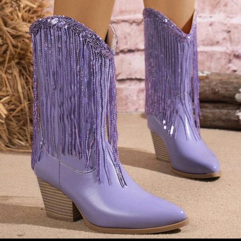 Purple Tassel Decor Hi-Heeled Pointed Toe Chunky Heeled Cowboy Boots Slip-On Upper Material: Fabric Lining Material: Fabric Insole Material: Fabric Outsole Material: Tpr Glitzy Cowgirl, Purple Cowboy Boots, Heeled Cowboy Boots, Boots Colorful, Tassel Decor, Tassels Decor, Pink Cow, Cowgirl Boots, Color Purple