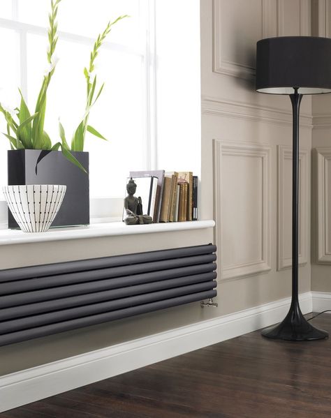 Black Radiators Living Room, Tall Radiators Living Room, Living Room Radiator Ideas, Vertical Radiators Living Room, Radiator Under Window, Radiator Styles, Living Room Radiators, Bedroom Radiators, Modern Radiators