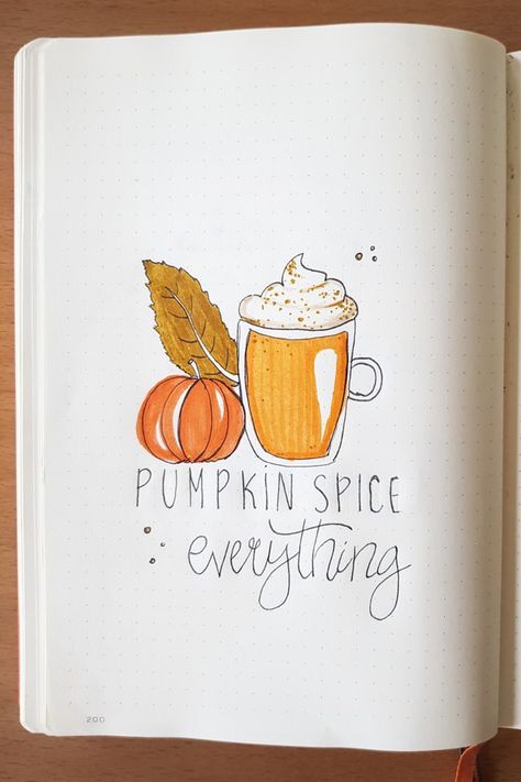 Pumpkin Spice Doodle, October Notebook Ideas, Pumpkin Bujo Theme, Fall Bujo Ideas, Autumn Bujo Ideas, Fall Art Journal, October Title Page Bullet Journal, Autumn Bullet Journal Ideas, Pumpkin Spice Drawing