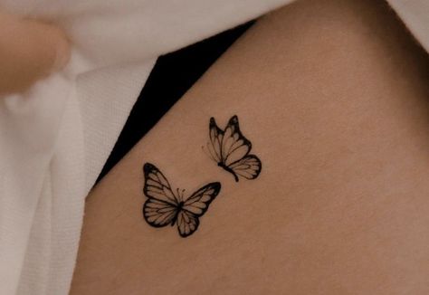 Double Butterfly Tattoo, Butterfly Tattoo Hip, Butterfly Hip Tattoo, Sasha Tattoo, Hase Tattoos, Butterfly With Flowers Tattoo, Simple Butterfly Tattoo, 40 Aesthetic, Blue Butterfly Tattoo