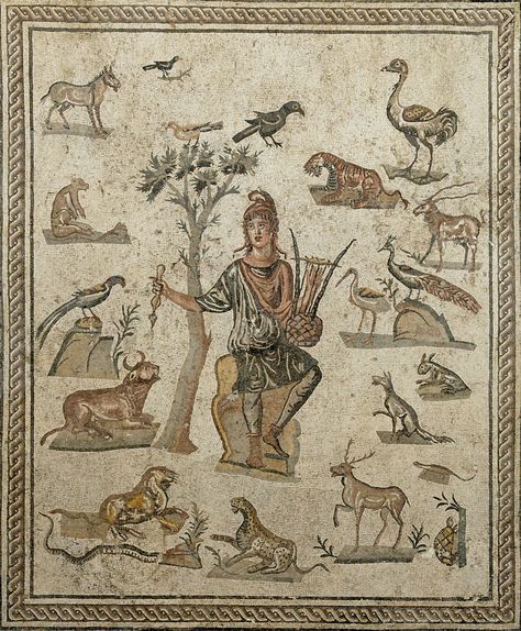 Orpheus with animals. (Roman mosaic ca. 200-250 AD) Archaic Greece, House Of Hades, Thasos, Roman Mosaic, Ancient Origins, Ancient Myths, Greek Myths, Historical Art, Ancient Romans