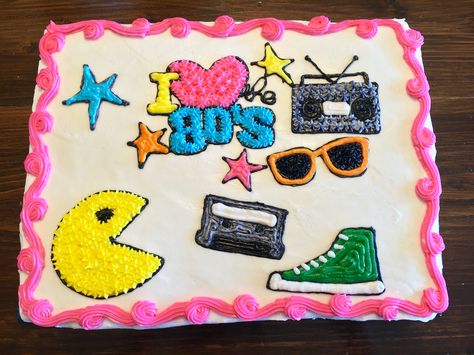 Retro Sheet Cake, 80’s Cake, Boombox Cake, 1980s Cake, 80s Cake, Neon Birthday Cakes, Record Cake, Wilton Decorating Tips, Combined Birthday Parties