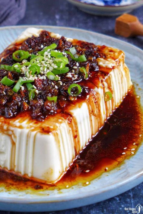 Silken Tofu with Scallions and Soy Dressing - Red House Spice Silken Tofu Salad, Traditional Tofu Recipes, Silken Tofu Recipes Dinner, Soy Foods, Silken Tofu Recipes, Soy Dressing, Soy Tofu, Chinese Breakfast, Vegan Japanese