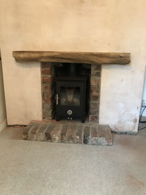 Oak Beam Fireplace, Beam Mantle, Wood Burner Fireplace, Wood Burning Stoves Living Room, Log Burner Living Room, Oak Mantle, Floating Shelves Bedroom, Fireplace Beam, Floating Shelves Kitchen