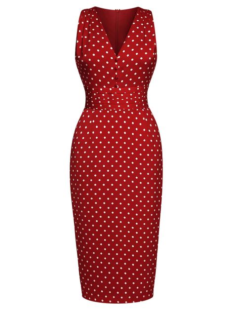 Red 1960s Dots V-Neck Pencil Dress – Retro Stage - Chic Vintage Dresses and Accessories Romantic Color Schemes, Retro Texture, Burgundy Background, Romantic Colors, Standard Dress, 1960's Dress, Skirt Style, Burgundy Dress, Polka Dot Pattern