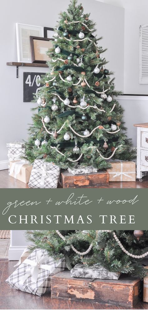 Green White Wood Christmas Tree, Green And Wood Christmas Tree, Green White And Wood Christmas, Wood And White Christmas Tree, White And Wood Christmas Tree, Simple Farmhouse Christmas Tree Ideas, Green And Cream Christmas Decor, Farmhouse Christmas Tree Ideas 2022, Decorating Home For Christmas