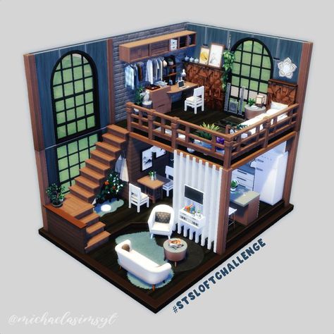 Sims 4 Modern Loft House, Sims 4 Loft Base Game, Loft Type House, Sims 4 Loft, Dark Blue Rooms, Sims 4 No Cc, Loft Type, Loft Designs, Urban Furniture Design