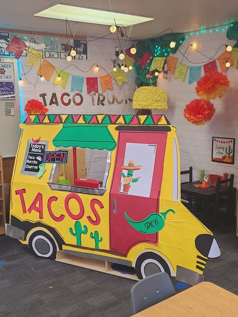 Diy Taco Truck Cardboard, Cardboard Taco Truck, Taco Shop Dramatic Play, Taco Truck Party Ideas, Taco Truck Trunk Or Treat Diy, Taco Truck Birthday Party, Taco Truck Dramatic Play, Food Truck Project Ideas School, Taco Truck Trunk Or Treat