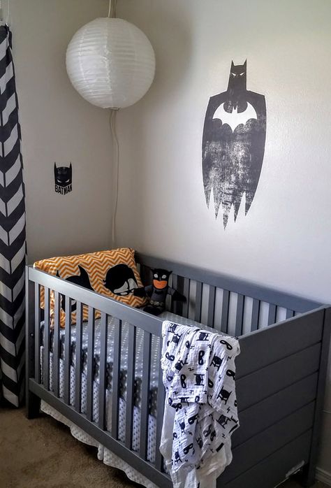 Batman theme Nursery / superhero nursery / boy nursery / diy nursery Batman Themed Nursery, Batman Nursery Baby Boy, Superhero Nursery Baby Boy, Batman Baby Room, Batman Nursery, City Nursery, Batman Gotham City, Batman Baby, Nursery Diy