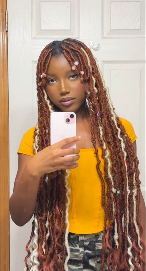 Faux Locs With Curls At The End, Ginger And Blonde Locs, Faux Locs With Curls, Locs With Curls, Locs Blonde, Ginger Locs, Blonde Locs, Ginger Blonde, Braided Hairstyles For School