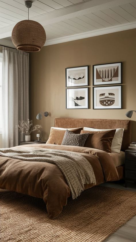 Dark Tan Bedroom Walls, Brown Feature Wall Bedroom, Brown And Cream Bedding, Brown Bed Bedroom Ideas, Warm Brown Bedding, Warm Tone Bedroom Aesthetic, Brown Decor Bedroom, Light Brown Walls Bedroom, Bedroom With Tan Walls