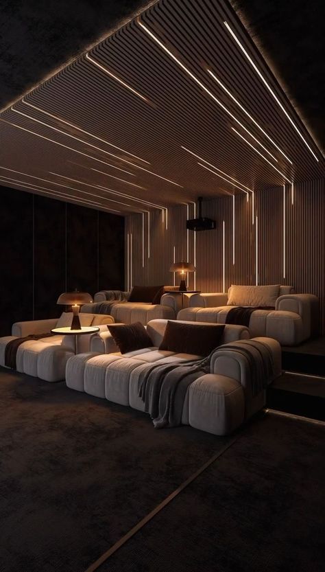 Luxury Theatre Room, Luxury Home Theatre Design, Home Theatre Aesthetic, Entertainment Area Ideas Indoor, Dark Media Room, Modern Home Cinema, Luxury Basement Ideas, Indoor Movie Theater, Luxury Home Cinema