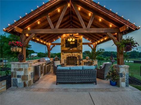 Large Pavilion, Lakeside Pavilion, Outdoor Pavilion With Fireplace And Kitchen, Pavilion With Bar, Pavilion By Pool, Pool Gazebo With Fireplace, Outdoor Fireplace Brick, Rustic Outdoor Spaces, Outdoor Interior Design