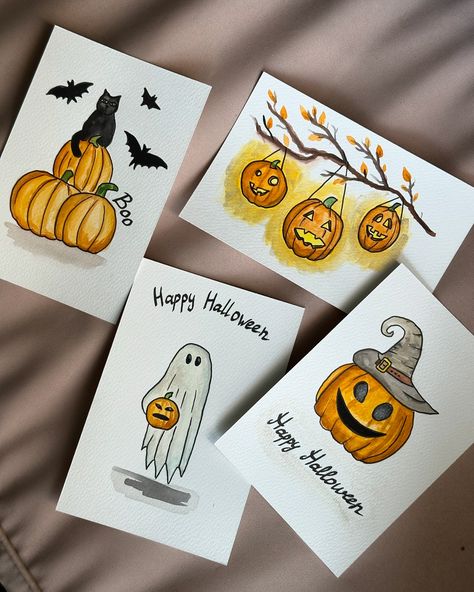 Happy Halloween cards 👻 🎃 You can buy on Etsy ➡️ https://anastashaartstore.etsy.com Watercolor Greeting Cards Party & Celebration, Happy Halloween Cards Diy, Halloween Card Ideas Handmade, Halloween Birthday Card Ideas, Holiday Card Ideas Diy, October Birthday Cards, Halloween Cards Handmade Ideas For Kids, Halloween Birthday Cards Handmade, Halloween Cards Handmade Ideas Easy