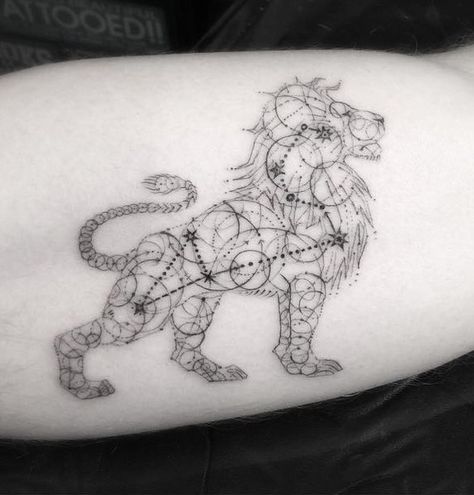 Leo tattoo Pisces Leo Tattoo, Lion Constellation Tattoo, Geometric Leo Tattoo, Lion Star Sign Tattoo, Leo Constellation Tattoo Stars, Leo Horoscope Tattoo, Leo Sign Tattoo Ideas, Lion Zodiac Tattoo, Leo Star Sign Tattoo