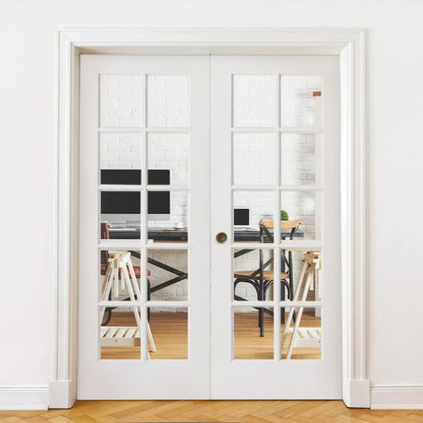 French 10 Lite Clear Glass MDF Interior Double Door - Krosswood Office French Doors Study, Home Office Double Doors, Interior Office Doors, French Doors To Office, Home Office With French Doors, French Doors Office, Interior Double Door, Office With French Doors, 5 Panel Doors