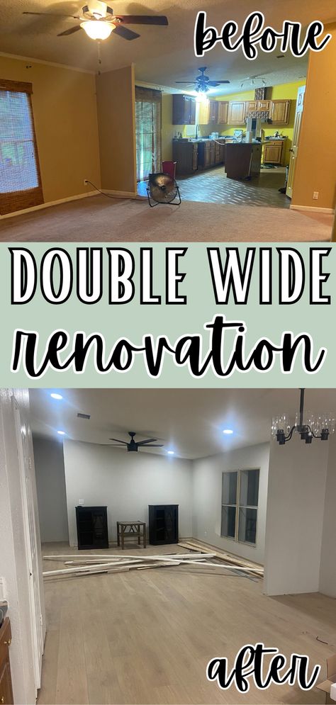 Remodled Bathrooms Mobile Home, Double Wide Wall Remodel, Addition To Double Wide, Remodel Modular Home Ideas, Before And After Mobile Home Makeovers, Upgrade Manufactured Home, Updating Manufactured Home, Mobile Home Painting Walls, Remodeling Old Mobile Homes