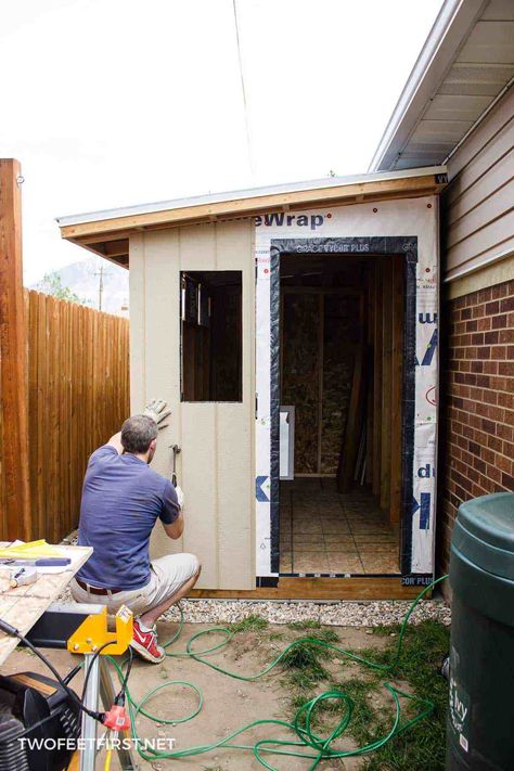 Do you need another place to store your yard tools? It's time for a shed! And here is the process of how to install siding and trim on a DIY shed. #twofeetfirst #shed #shedplans #roof Shed In Backyard, Shed Siding, Small Shed, Diy Storage Shed, Siding Trim, Wood Shed Plans, Shed Building, Cheap Sheds, Build A Shed