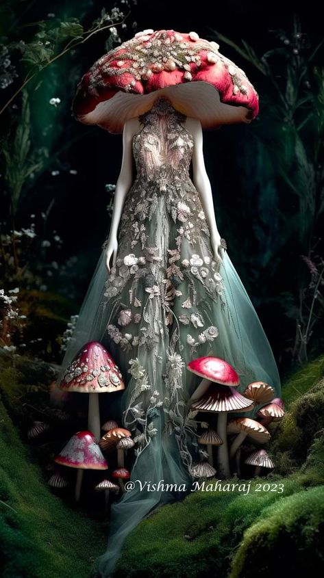 Mushroom Fae, Vishma Maharaj, Black Fae, Mushroom Dress, Mushroom People, Mushroom Costume, Pretty Wings, Fungi Art, Gossamer Wings