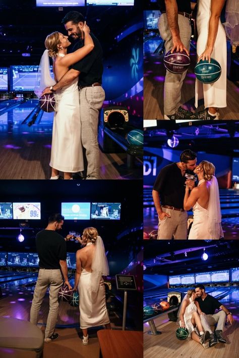 Bowling Photoshoot Couple, Bowling Alley Rehearsal Dinner, Bowling Engagement Party, Engagement Photos Bowling Alley, Bowling Alley Wedding Reception, Bowling Alley Photoshoot Couples, Bowling Wedding Reception, Activity Engagement Photos, Bowling Alley Engagement Pictures