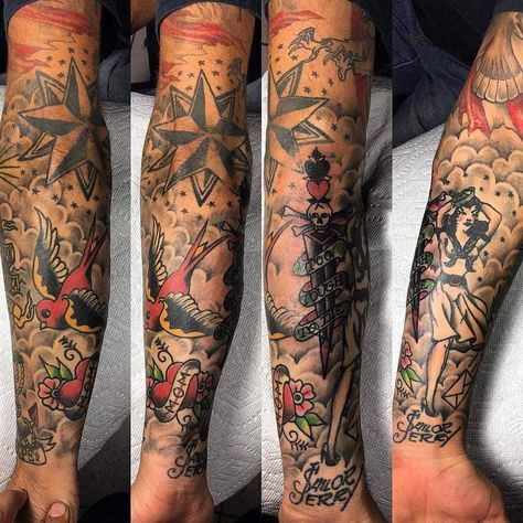 Sailor Jerry Dragon Tattoo, Sailor Jerry Leg Sleeve, American Traditional Florida Tattoo, Sailor Sleeve Tattoo, Sailor Tattoo Sleeve, Sailor Jerry Tattoo Sleeve, Sailor Jerry Sleeve, Traditional Sleeve Filler, American Traditional Tattoo Sleeve