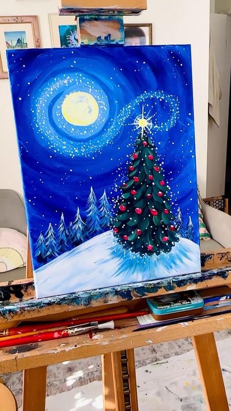 Join me in creating this easy holiday Christmas tree acrylic painting on canvas. All you need are basic primary acrylic paints and a few brushes. Relax as I guide you step-by-step. #acrylic #paintingideasoncanvas #paintingforbeginners Christmas Tree Acrylic Painting, Christmas Canvas Art Easy, Christmas Scene Drawing, Paint And Sip Party, Beginner Acrylic Painting, Tree Acrylic Painting, Record Painting, Christmas Tree Canvas, Tree Painting Canvas