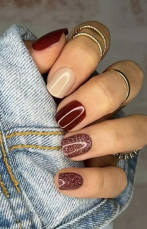 30+ Fall Nail Art Ideas and Smokin' Autumn Colors 2024 - HubPages Fall Nails With Dots, Dip Nails Elegant, Shellac Nail Ideas Fall, Nail Ideas Thanksgiving Colors, 3 Color Manicure, December Wedding Guest Nails, 2023 Thanksgiving Nails, 2 Color Fall Nails, Red Fall Manicure