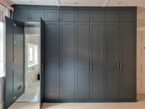 Fitted Wardrobes With Hidden Bathroom Door Entrance, Spray Paint Finished In Farrow & Ball Hopper Head - Made To Measure Woodwork Ltd Hidden Bathroom Door, Hidden Bathroom, Door Entrance, Fitted Wardrobes, Bathroom Door, Hidden Door, Bathroom Doors, House Renovation, Renovation Ideas