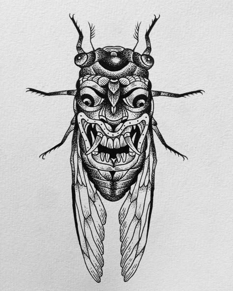 Creepy Beetle Tattoo, Dark Bug Tattoo, Insect Tattoo Stencil, Aura Tattoos, Demonic Art, Cicada Tattoo, 42 Tattoo, Abstract Tattoo Ideas, Japanese Oni