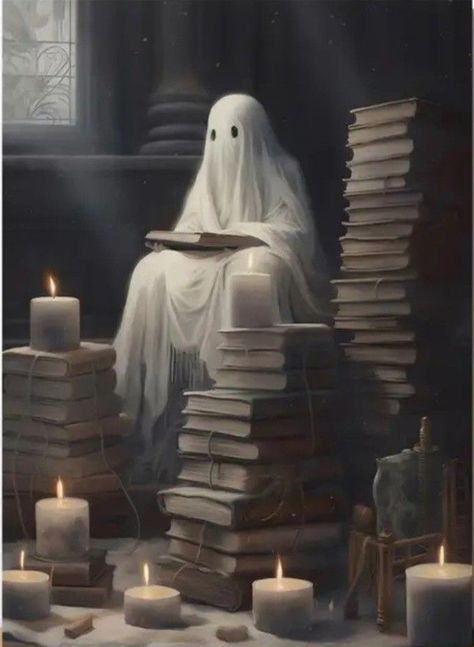 Ghost Reading Book Drawing, Reminiscence Art, Witch Book Aesthetic, Sheet Ghosts, Facts About Halloween, Halloween Digital Art, Spirit Ghost, Sheet Ghost, Halloween Facts