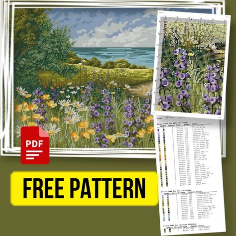 Free cross stitch pattern with a beautiful landscape with a sea and a lavender field. Cross Stitch Tips, Large Cross Stitch Patterns, Free Cross Stitch Pattern, Cactus Cross Stitch, Free Cross Stitch Patterns, Wedding Cross Stitch Patterns, Easy Cross Stitch Patterns, Cross Stitch Landscape, Halloween Cross Stitch Patterns