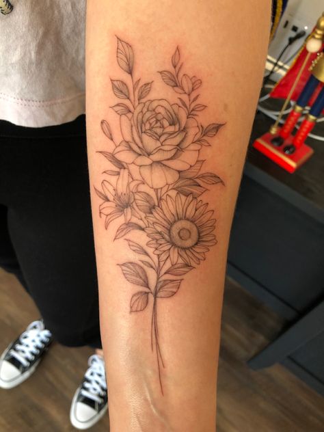 Sunflower And Gladiolus Tattoo, Carnation Sunflower Tattoo, Sunflower Rose Bouquet Tattoo, Lily Daisy And Rose Tattoo, Rose Lily Sunflower Tattoo, Rose Lily Daisy Tattoo, Sunflower And Rose Tattoo Design, Lily Rose And Daisy Tattoo, Sunflower Rose And Lily Tattoo