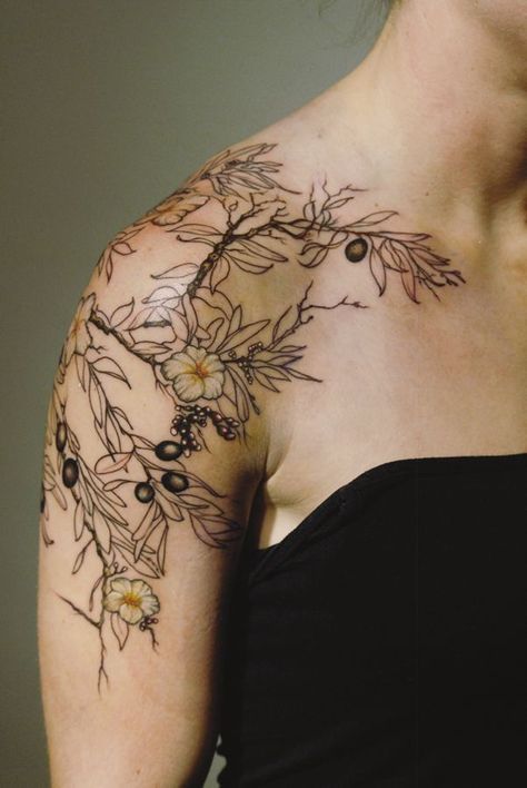 Tree Tattoo Shoulder, Olive Tree Tattoo, Tree Tattoo Black, Olive Tree Tattoos, Olive Tattoo, Tree Branch Tattoo, Tree Sleeve Tattoo, Olive Branch Tattoo, Christian Sleeve Tattoo