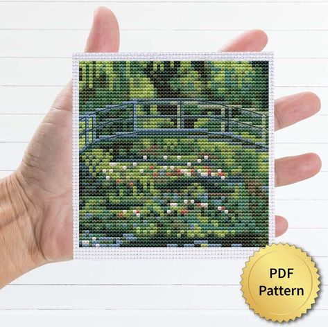 Monet Cross Stitch, Water Lilies And Japanese Bridge, Fine Art Cross Stitch, Japanese Bridge, Unique Cross Stitch, Tapestry Crochet Patterns, Gifts For Art Lovers, Tapestry Crochet, Water Lilies