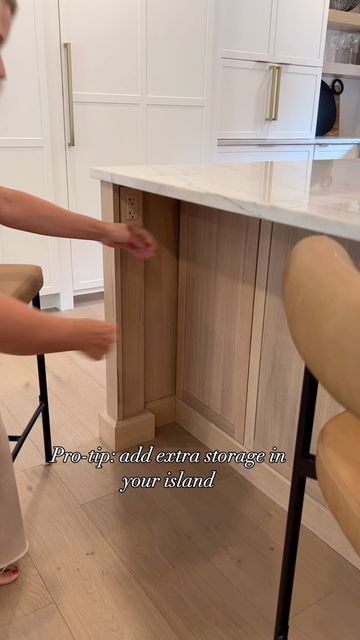 Jennifer Ridley on Instagram: "Use all available space! These cabinets are great for items you don’t reach for daily or weekly but want easy access to 👏

#kitchendesign #kitchendesigninspo #kitchendesigninspiration #kitchencabinets #customcabinets #kitchenstorage #kitchencabinetsmakeover" Island Hidden Storage, Hidden Island Storage, Island Side Panel Ideas, Kitchen Island Storage, Island Storage, Kitchen Cabinets Makeover, Island Ideas, Custom Cabinets, Hidden Storage