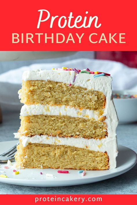 Looking for a delicious high-protein, low-sugar birthday cake? This Protein Birthday Cake is it! And it's all natural and gluten free. 🥳 Protein Birthday Cake Recipes, High Protein Cake, Vanilla Protein Cake, Protein Birthday Cake, Protein Cake Recipe, Protein Frosting, Protein Cakes, Easy Protein Snacks, Food Polls