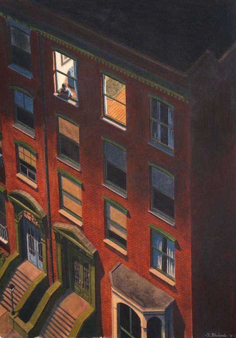 Stefan Bleekrode , an artist from the Netherlands for his watercolor, Evening in New York. New Yorker Building Aesthetic, Stefan Bleekrode, The New Yorker Stellar Night, New York Night Painting, Edward Hopper New York Movie, Night Windows Hopper, Night Window, Edward Hopper, New York Art