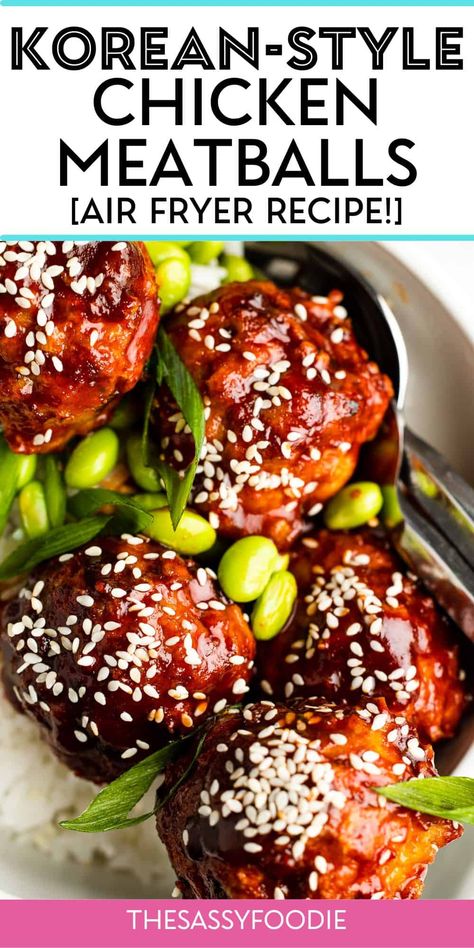 These Korean-inspired glazed chicken meatballs are the perfect weeknight meal solution, packed with a delicious balance of sweet, savory and spice. These juicy, homemade chicken meatballs come together in the air fryer in under 30 minutes, and are sauced up in a gochujang, brown sugar glaze. Whether you are serving these as minis for an appetizer, or full-size in a bowl, they are highly delicious! Asian Chicken Meatballs, Chicken Meatballs Healthy, Asian Turkey Meatballs, Spicy Asian Chicken, Gochujang Chicken, Korean Bbq Chicken, Glazed Meatballs, Chicken Meatball Recipes, Chicken Balls